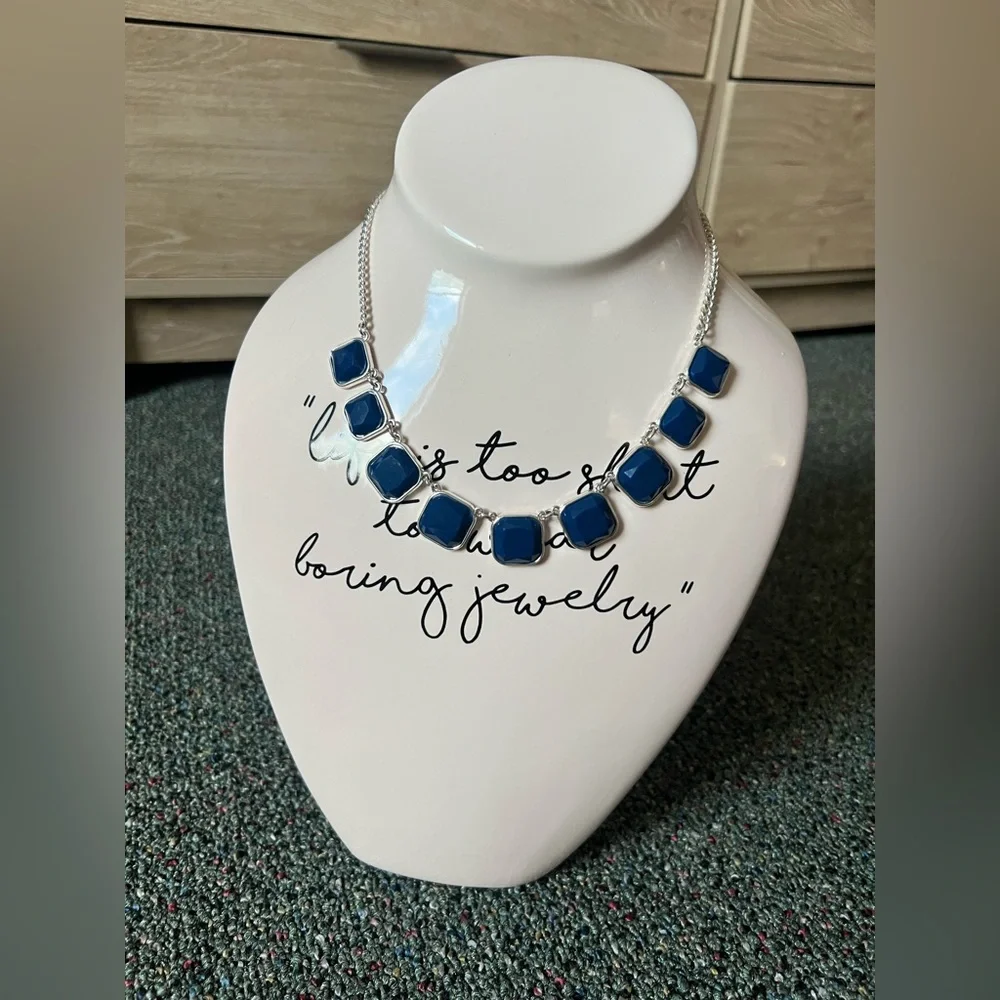 Vintage 2010s Square Cut Navy Blue Stone Bezel Facets Silver Statement Necklace